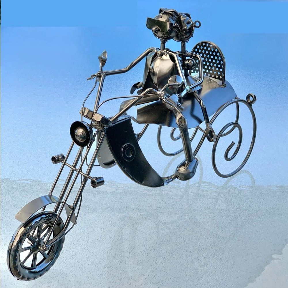 Couple On A Motorcycle Single Wine Bottle Holder Metallic Sculpture